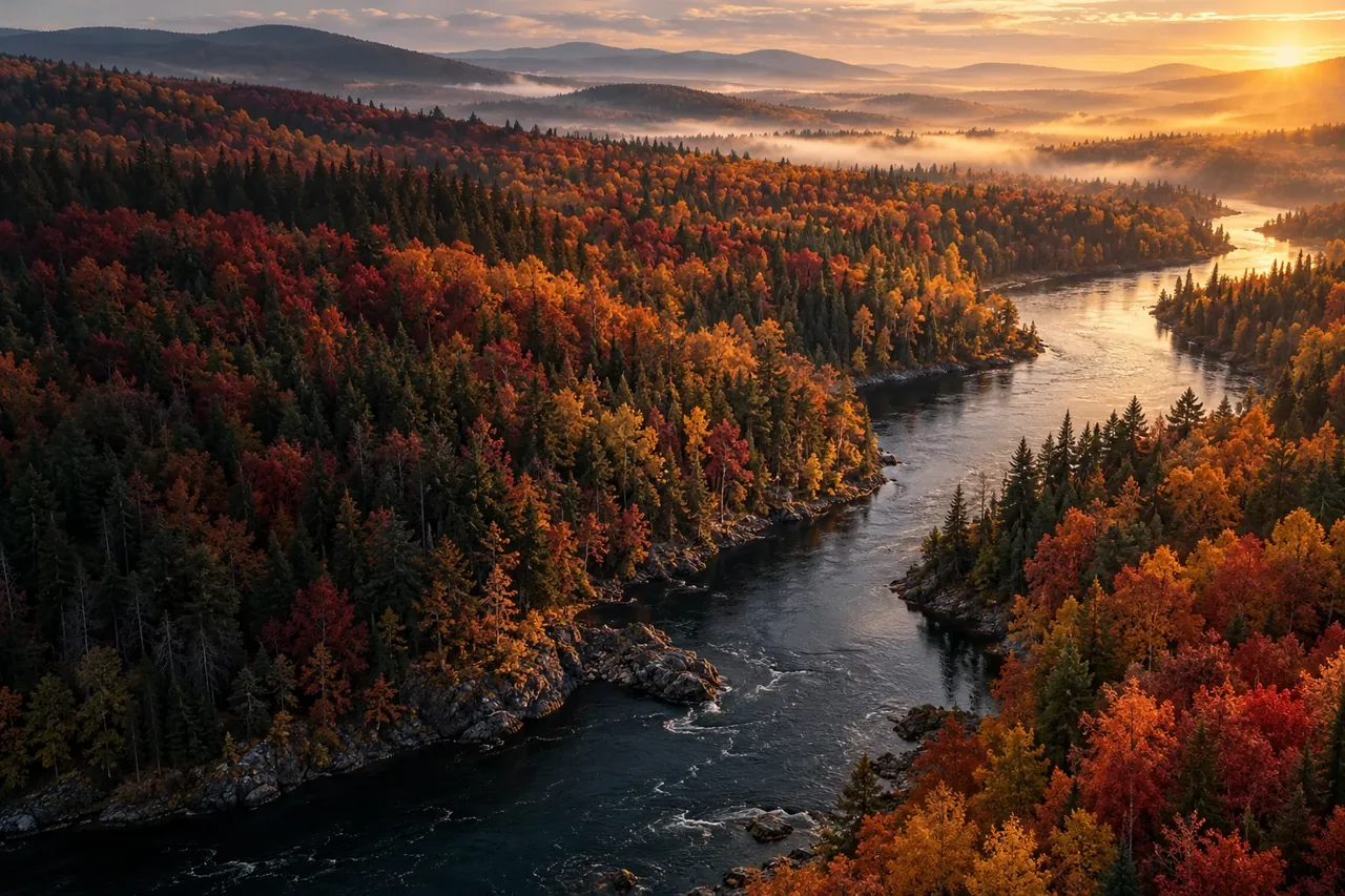 Autumn forest and a winding river at sunrise; atmospheric brand artwork